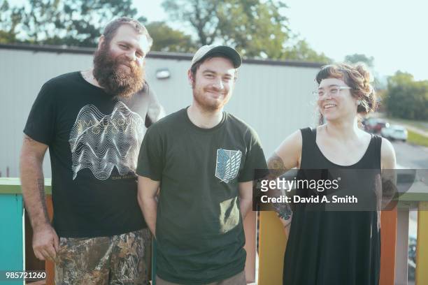 Evan Bernard, Nick Holdorf, and Kaytee Della Monica of No Thank You pose before their performance at Saturn Birmingham on June 27, 2018 in...