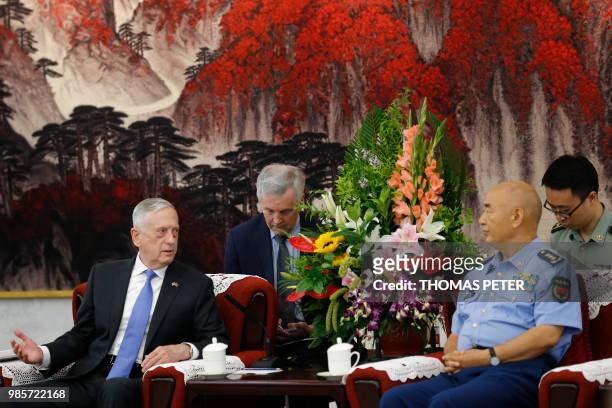 Defence Secretary Jim Mattis meets China's Vice Chairman of the Central Military Commission Xu Qiliang at the Bayi Building in Beijing on June 28,...