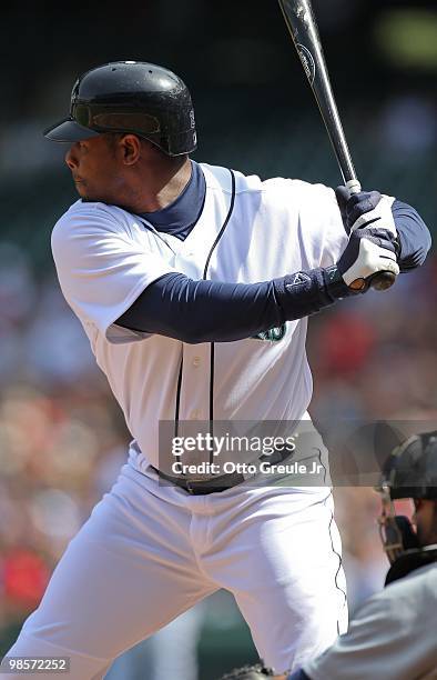 Ken Griffey Jr. #24 of the Seattle Mariners bats against the Detroit Tigers at Safeco Field on April 18, 2010 in Seattle, Washington.