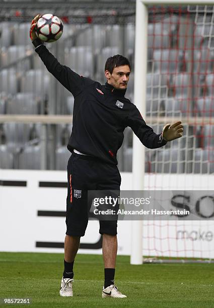 Hugo Lloris, keeper of Olympic Lyon holds the ball during a training session at Allianz Arena on April 20, 2010 in Munich, Germany. Olympic Lyon will...