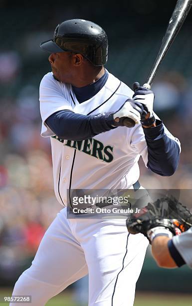 Ken Griffey Jr. #24 of the Seattle Mariners bats against the Detroit Tigers at Safeco Field on April 18, 2010 in Seattle, Washington.