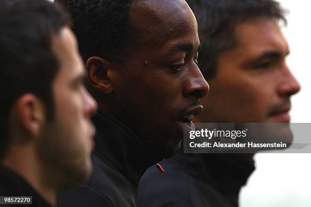 Sidney Govou of Olympic Lyon looks on during a training session at Allianz Arena on April 20, 2010 in Munich, Germany. Olympic Lyon will play against...