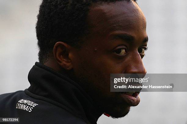 Sidney Govou of Olympic Lyon looks on during a training session at Allianz Arena on April 20, 2010 in Munich, Germany. Olympic Lyon will play against...