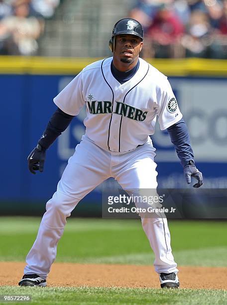 Ken Griffey Jr. #24 of the Seattle Mariners in action against the Detroit Tigers at Safeco Field on April 18, 2010 in Seattle, Washington.