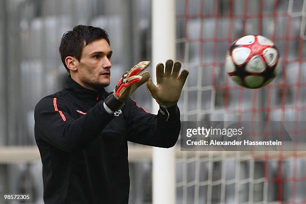 Hugo Lloris, keeper of Olympic Lyon in action during a training session at Allianz Arena on April 20, 2010 in Munich, Germany. Olympic Lyon will play...