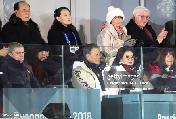 Thomas Bach , German IOC president, and South Korean President Moon Jae alongside his wife Kim Jung-sook, German President Frank-Walter Steinmeier...