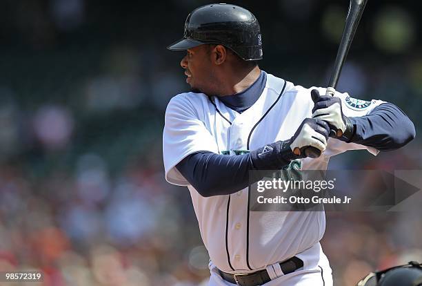 Ken Griffey Jr. #24 of the Seattle Mariners bats against the Detroit Tigers at Safeco Field on April 18, 2010 in Seattle, Washington.