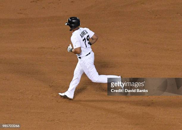 Jose Abreu of the Chicago White Sox runs the bases after hitting a home run against the Minnesota Twins during the fifth inning on June 27, 2018 at...