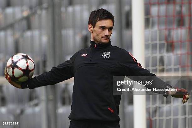 Hugo Lloris, keeper of Olympic Lyon holds the ball during a training session at Allianz Arena on April 20, 2010 in Munich, Germany. Olympic Lyon will...