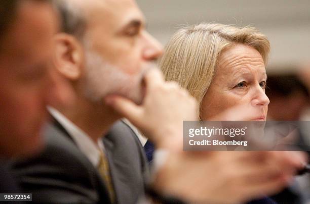Timothy Geithner, U.S. Treasury secretary, left to right, Ben S. Bernanke, chairman of the U.S. Federal Reserve, and Mary Schapiro, chairwoman of the...