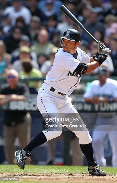 Ichiro Suzuki of the Seattle Mariners bats against the Detroit Tigers at Safeco Field on April 18, 2010 in Seattle, Washington.