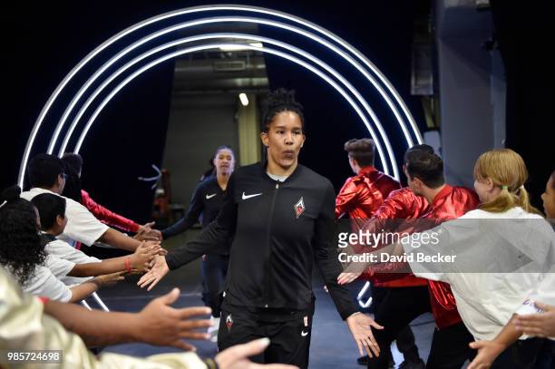 Tamera Young of the Las Vegas Aces enters the arena prior to the game against the Dallas Wings on June 27, 2018 at the Mandalay Bay Events Center in...