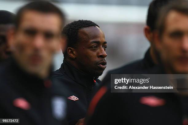 Sidney Govou of Olympic Lyon looks on during a training session at Allianz Arena on April 20, 2010 in Munich, Germany. Olympic Lyon will play against...