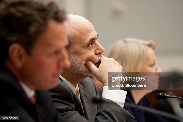 Timothy Geithner, U.S. Treasury secretary, left to right, Ben S. Bernanke, chairman of the U.S. Federal Reserve, and Mary Schapiro, chairwoman of the...