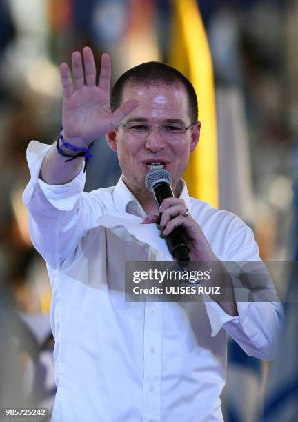 Mexico's presidential candidate Ricardo Anaya, standing for the "Mexico al Frente" coalition of the PAN-PRD-Movimiento Ciudadano parties, speaks to...