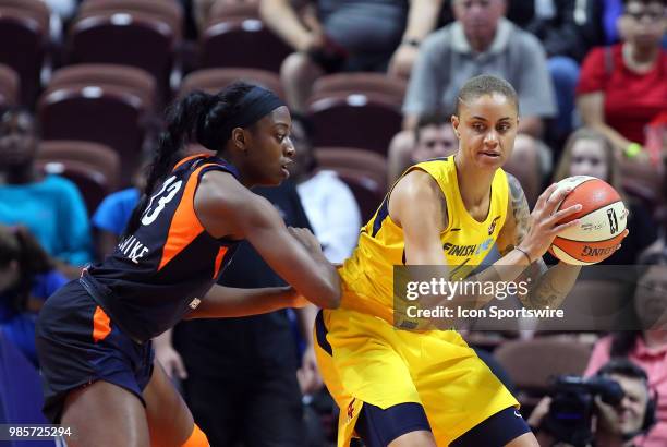 Connecticut Sun forward Chiney Ogwumike defends Indiana Fever forward Candice Dupree during a WNBA game between Indiana Fever and Connecticut Sun on...