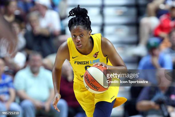 Indiana Fever guard Kelsey Mitchell fast breaks during a WNBA game between Indiana Fever and Connecticut Sun on June 27 at Mohegan Sun Arena in...