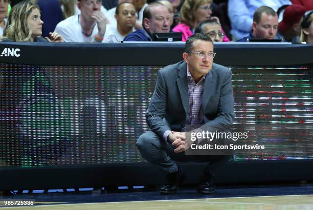 Connecticut Sun head coach Curt Miller looks on during a WNBA game between Indiana Fever and Connecticut Sun on June 27 at Mohegan Sun Arena in...