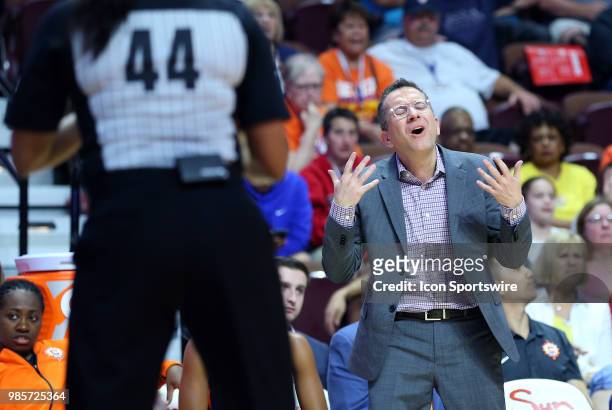 Connecticut Sun head coach Curt Miller reacts during a WNBA game between Indiana Fever and Connecticut Sun on June 27 at Mohegan Sun Arena in...