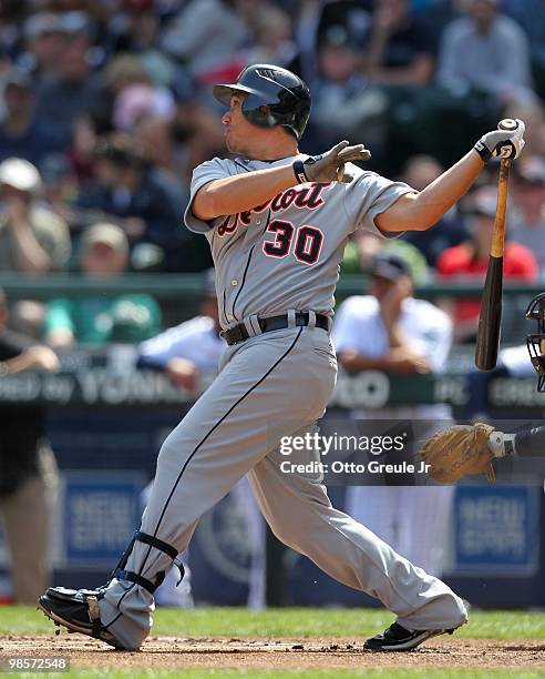 Magglio Ordonez of the Detroit Tigers bats against the Seattle Mariners at Safeco Field on April 18, 2010 in Seattle, Washington.