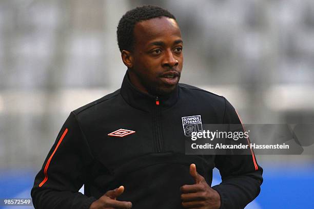 Sidney Govou of Olympic Lyon runs during a training session at Allianz Arena on April 20, 2010 in Munich, Germany. Olympic Lyon will play against...