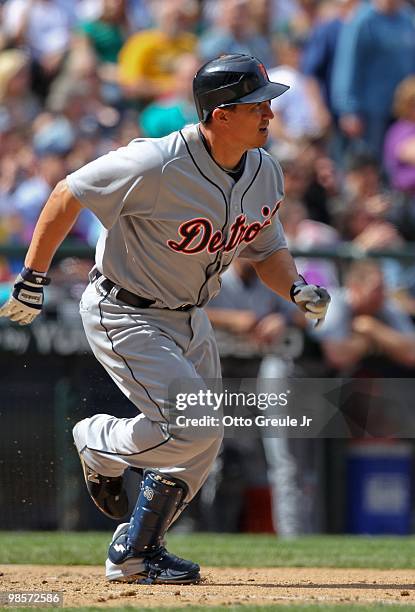 Magglio Ordonez of the Detroit Tigers bats against the Seattle Mariners at Safeco Field on April 18, 2010 in Seattle, Washington.