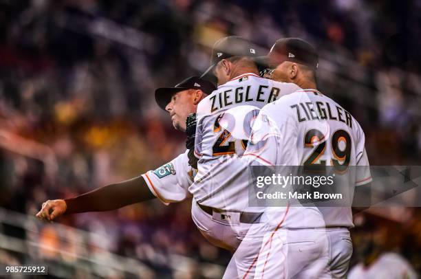 Brad Ziegler of the Miami Marlins pitches in the seventh inning during the game against the Arizona Diamondbacks at Marlins Park on June 27, 2018 in...