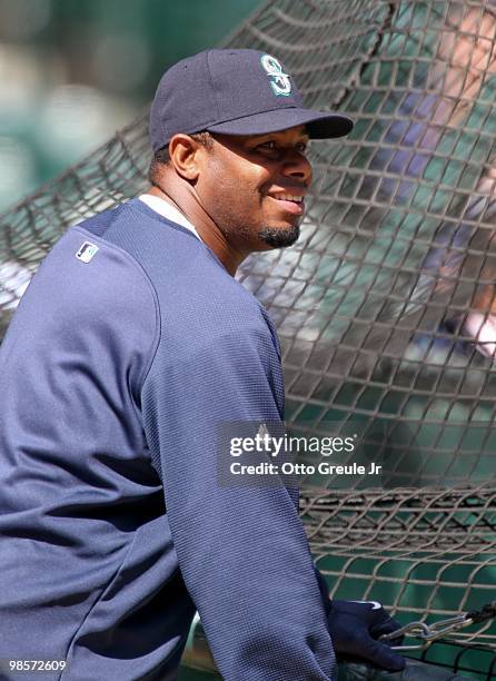 Ken Griffey Jr. #24 of the Seattle Mariners smiles around the batting cage prior to the game against the Detroit Tigers at Safeco Field on April 18,...