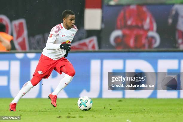 Leipzig's newcomer Ademola Lookman dominates the ball at the Red Bull Arena in Leipzig, Germany, 10 February 2018. Photo: Jan...