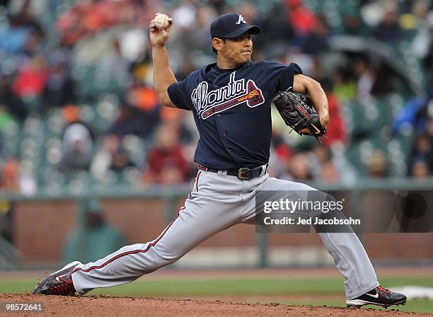 Kenshin Kawakami of the Atlanta Braves pitches against the San Francisco Giants during an MLB game at AT&T Park on April 11, 2010 in San Francisco,...