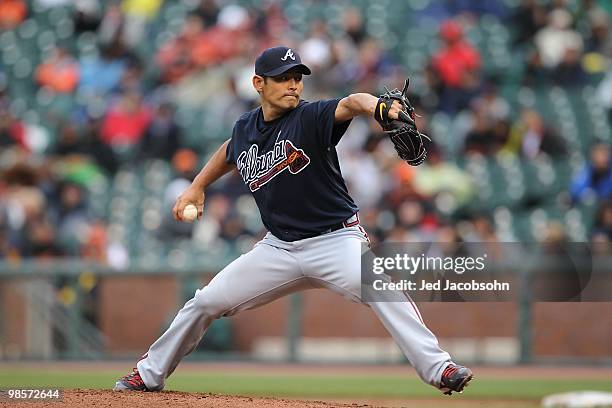 Kenshin Kawakami of the Atlanta Braves pitches against the San Francisco Giants during an MLB game at AT&T Park on April 11, 2010 in San Francisco,...