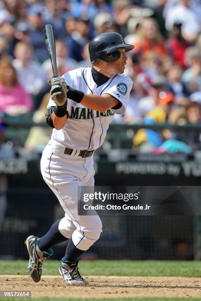 Ichiro Suzuki of the Seattle Mariners bats against the Detroit Tigers at Safeco Field on April 18, 2010 in Seattle, Washington.