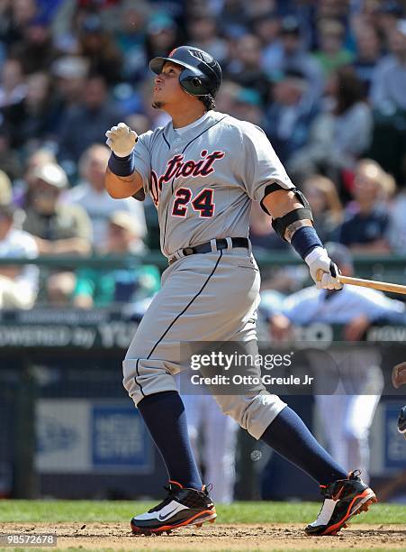 Miguel Cabrera of the Detroit Tigers bats against the Seattle Mariners at Safeco Field on April 18, 2010 in Seattle, Washington.