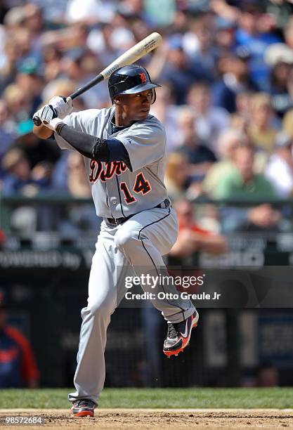 Austin Jackson of the Detroit Tigers bats against the Seattle Mariners at Safeco Field on April 18, 2010 in Seattle, Washington.