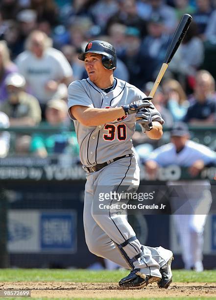 Magglio Ordonez of the Detroit Tigers bats against the Seattle Mariners at Safeco Field on April 18, 2010 in Seattle, Washington.