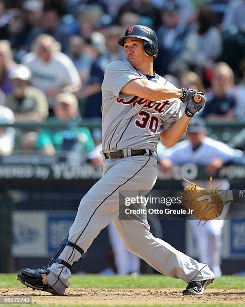 Magglio Ordonez of the Detroit Tigers bats against the Seattle Mariners at Safeco Field on April 18, 2010 in Seattle, Washington.