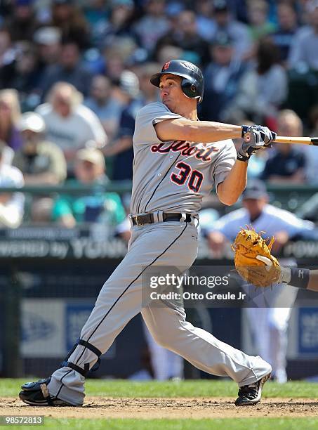 Magglio Ordonez of the Detroit Tigers bats against the Seattle Mariners at Safeco Field on April 18, 2010 in Seattle, Washington.