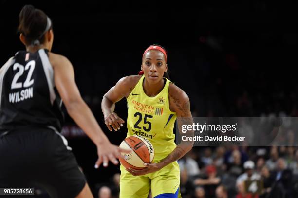 Glory Johnson of the Dallas Wings handles the ball against the Las Vegas Aces on June 27, 2018 at the Mandalay Bay Events Center in Las Vegas,...