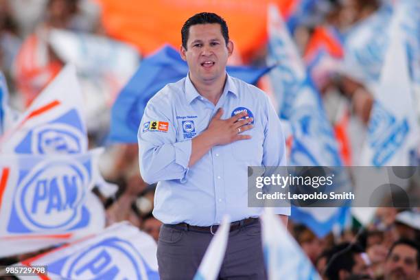 Diego Sinhue, candidate for Governor of Guanajuato for the coalition "Por México al Frente" gestures during the final event of the 2018 Presidential...