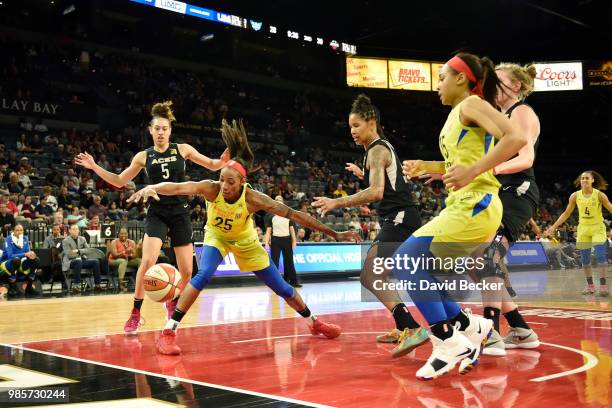 Glory Johnson of the Dallas Wings handles the ball against the Las Vegas Aces on June 27, 2018 at the Mandalay Bay Events Center in Las Vegas,...