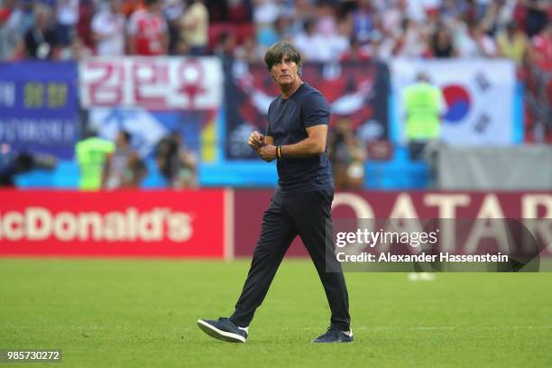 Joachim Loew, head coach of Germany walks over the field after loosing the 2018 FIFA World Cup Russia group F match between Korea Republic and...