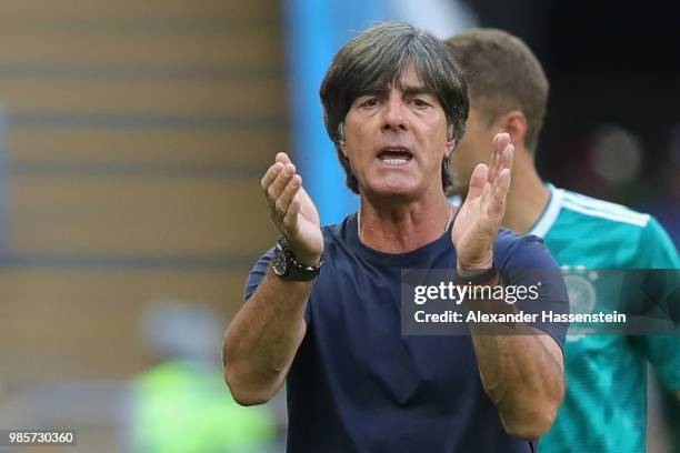 Joachim Loew, head coach of Germany reacts during the 2018 FIFA World Cup Russia group F match between Korea Republic and Germany at Kazan Arena on...