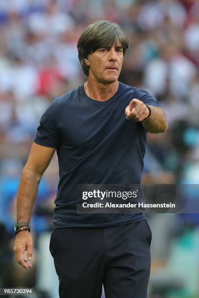 Joachim Loew, head coach of Germany reacts during the 2018 FIFA World Cup Russia group F match between Korea Republic and Germany at Kazan Arena on...