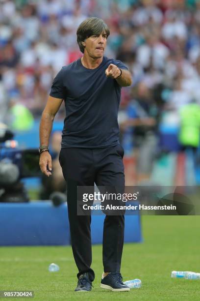 Joachim Loew, head coach of Germany reacts during the 2018 FIFA World Cup Russia group F match between Korea Republic and Germany at Kazan Arena on...