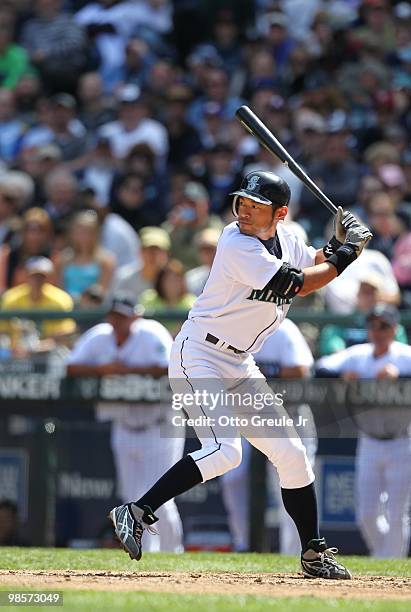 Ichiro Suzuki of the Seattle Mariners bats against the Detroit Tigers at Safeco Field on April 18, 2010 in Seattle, Washington.