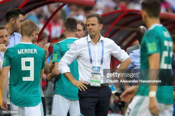 Oliver Bierhoff, team manager of Germany looks dejected following his sides defeat in the 2018 FIFA World Cup Russia group F match between Korea...