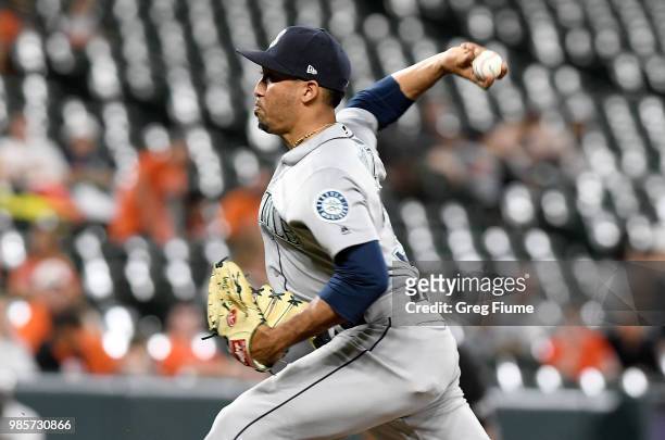Edwin Diaz of the Seattle Mariners pitches in the eleventh inning against the Baltimore Orioles at Oriole Park at Camden Yards on June 27, 2018 in...