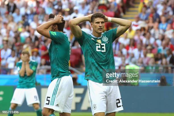 Timo Werner of Germany, Mats Hummels and his team mate Mario Gomez react during the 2018 FIFA World Cup Russia group F match between Korea Republic...