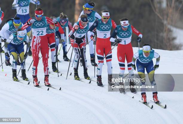 Sweden's Charlotte Kalla is in the lead, followed by Norway's Heidi Weng and Ingvild Flugstad Oestberg at the women's 2 x 7.5km cross-country race at...