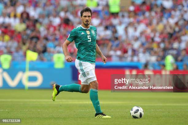 Mats Hummels of Germany runs with the ball during the 2018 FIFA World Cup Russia group F match between Korea Republic and Germany at Kazan Arena on...
